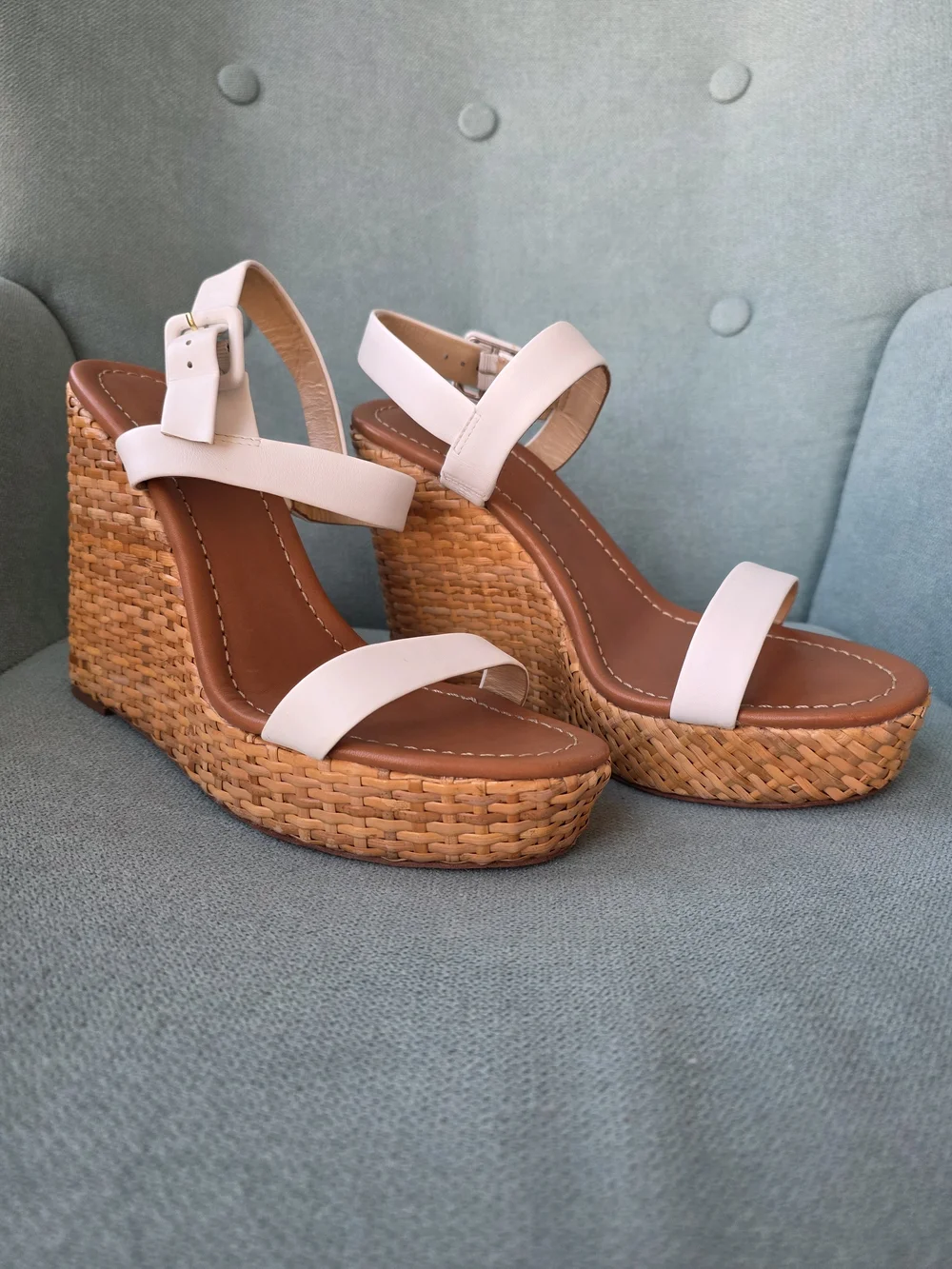 kate spade White Leather Woven Wedge Sandals - Picture 1 of 6